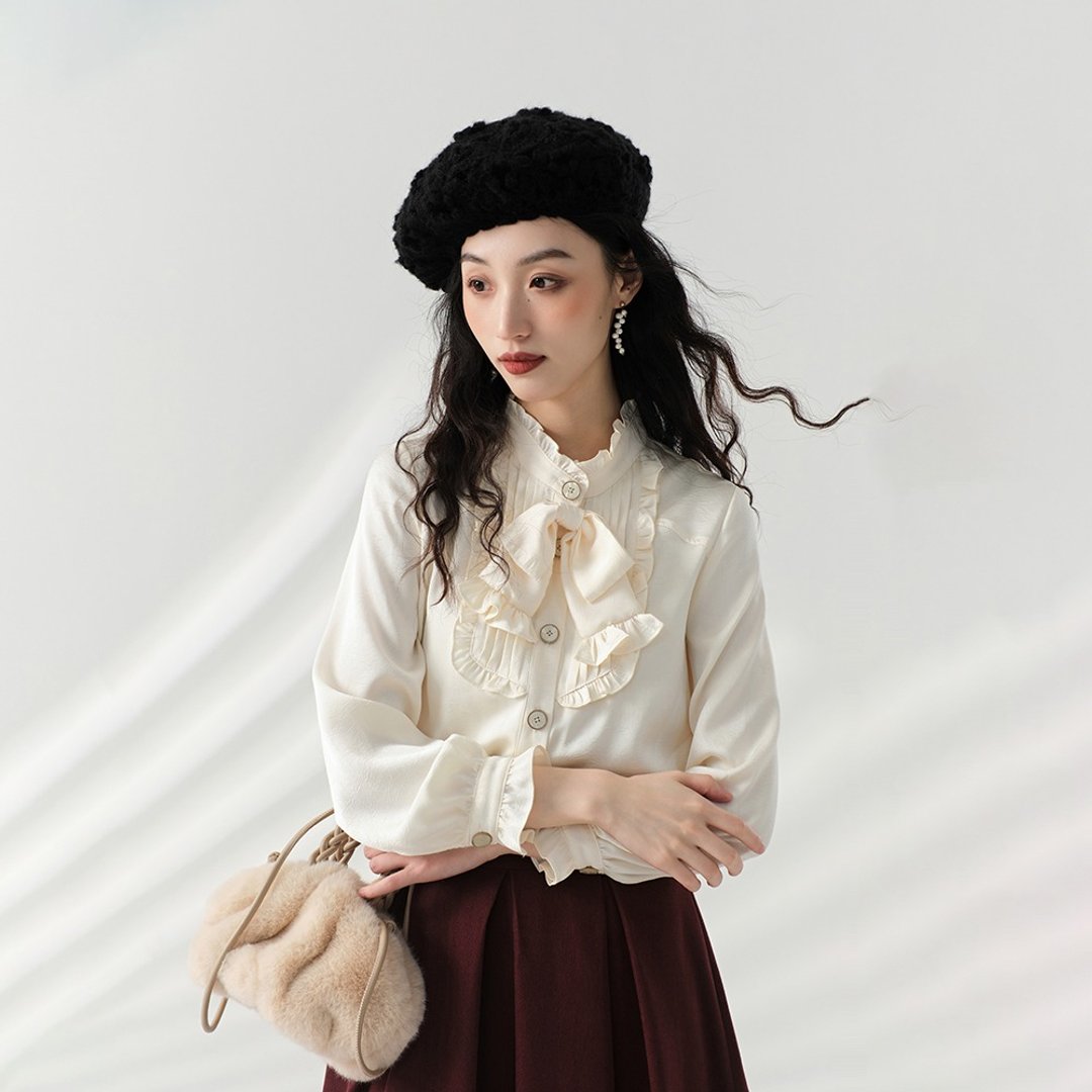 秋季新品 法式复古 杏色领结可拆宫廷风高级感荷叶边长袖立领衬衣 - 女装衬衫 - 其他材质 