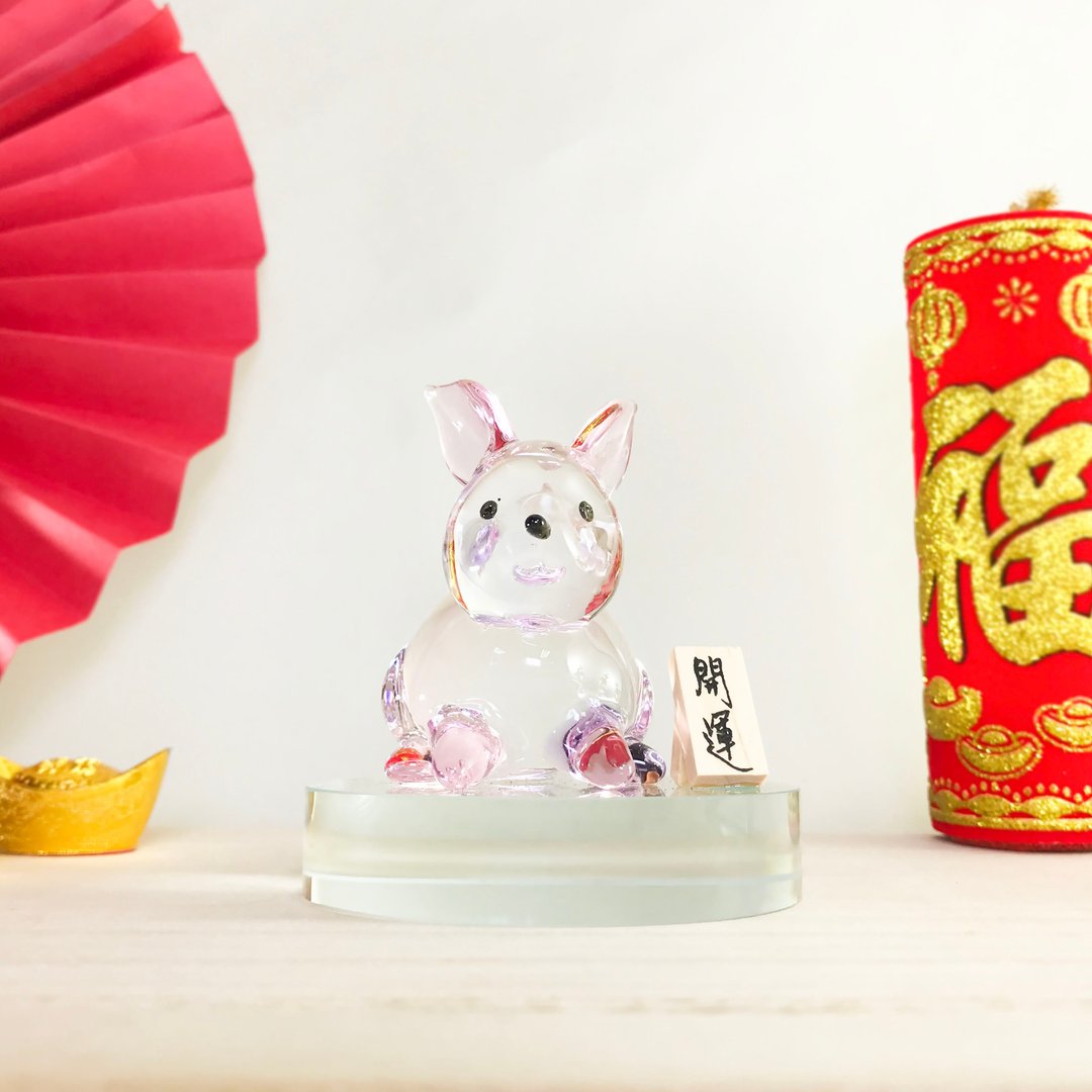 【过年新品】福兔迎祥玻璃摆件 - 摆饰 - 玻璃 粉红色