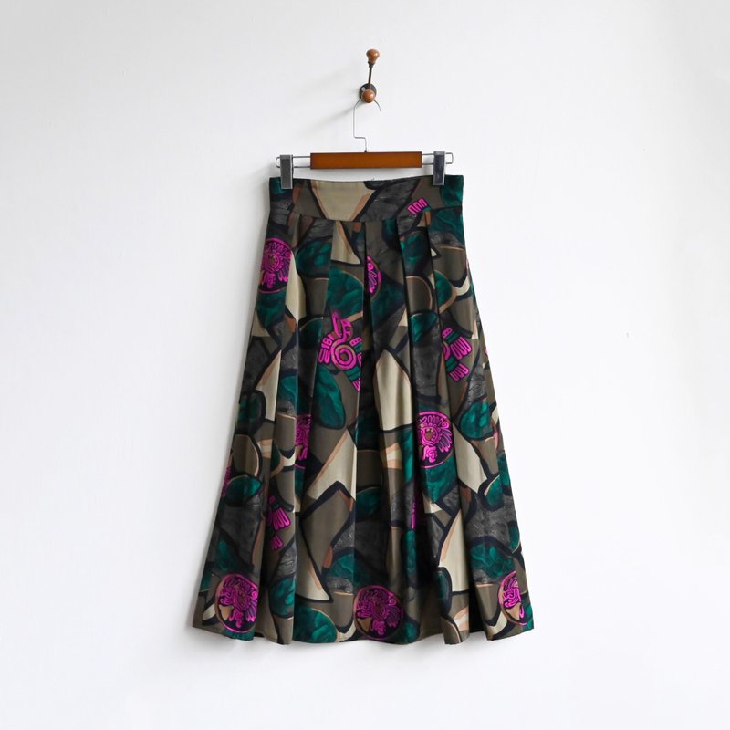 【蛋植物古着】石玉绿彩高腰百褶印花古着长裙 - 裙子 - 其他人造纤维 绿色