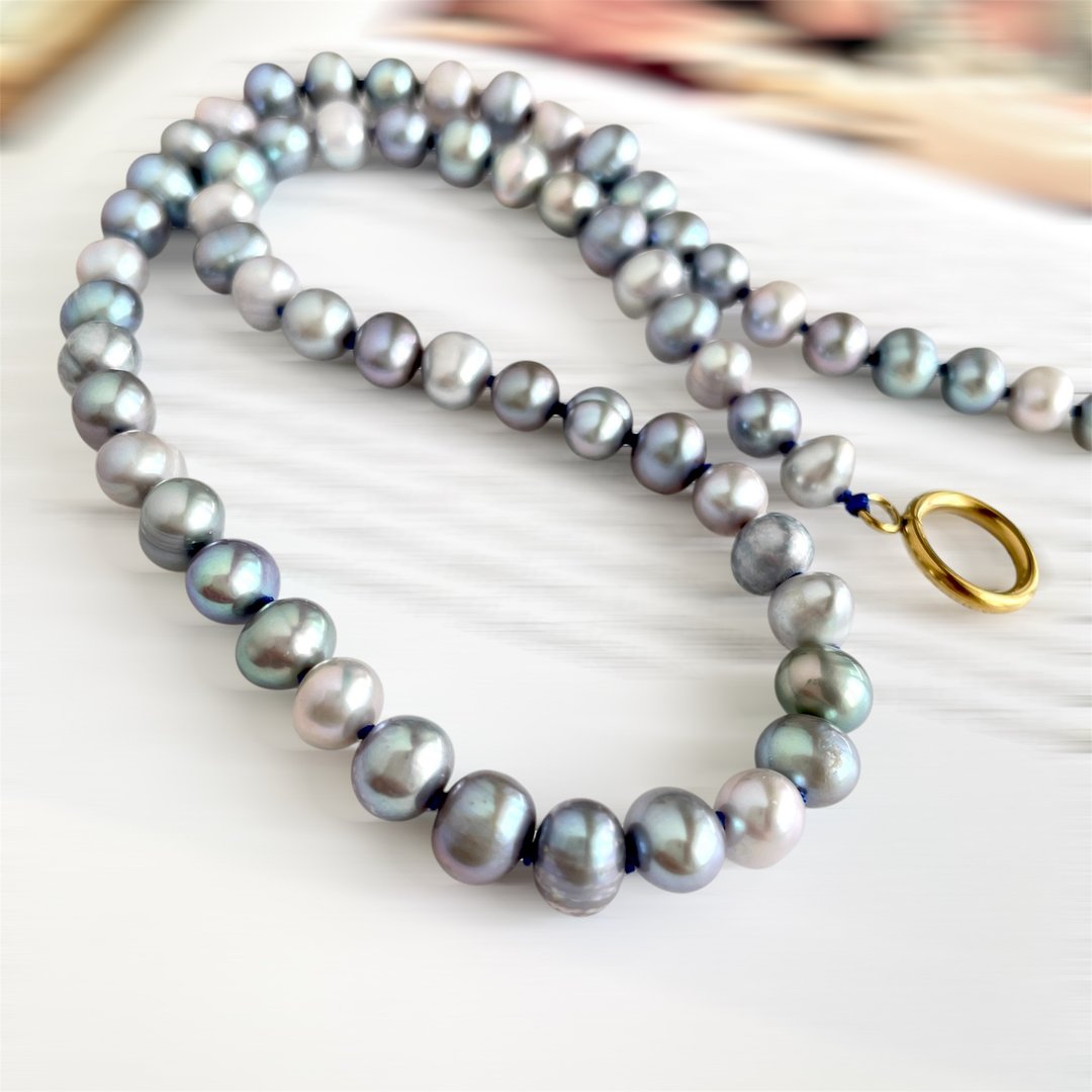 浅灰银色 浅银色 混搭马铃薯形状 巴洛克珍珠颈链 6x7.5mm - 项链 - 珍珠 多色