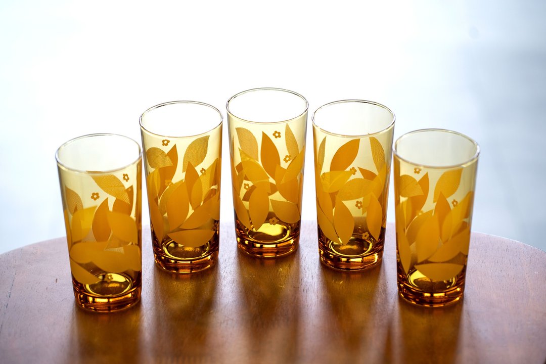 日本制 昭和 琥珀色印花玻璃杯组 一组5入 中古未使用 - 玻璃杯 - 玻璃 橘色