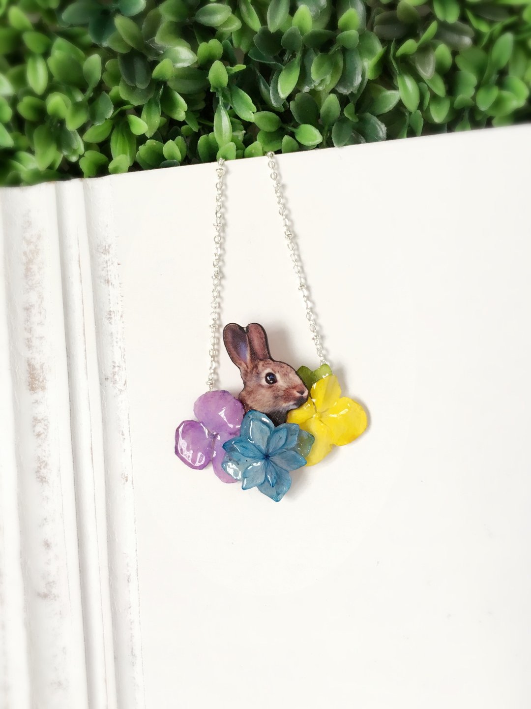 *Haku·Neko* 躲猫猫 - 兔子多彩绣球花朵小花园真花颈链  (立体真花系列) [订制品] - 颈链 - 植物．花 蓝色