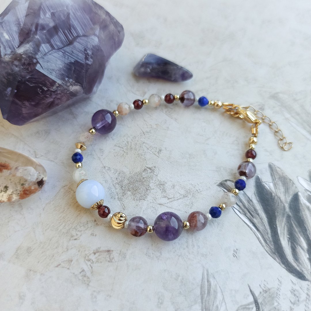Protection from Evil, Luck, Calming and Healing 蓝色玛瑙 太陽石 石榴石 青金石 紫水晶 水晶手鍊 - 手链/手环 - 水晶 多色