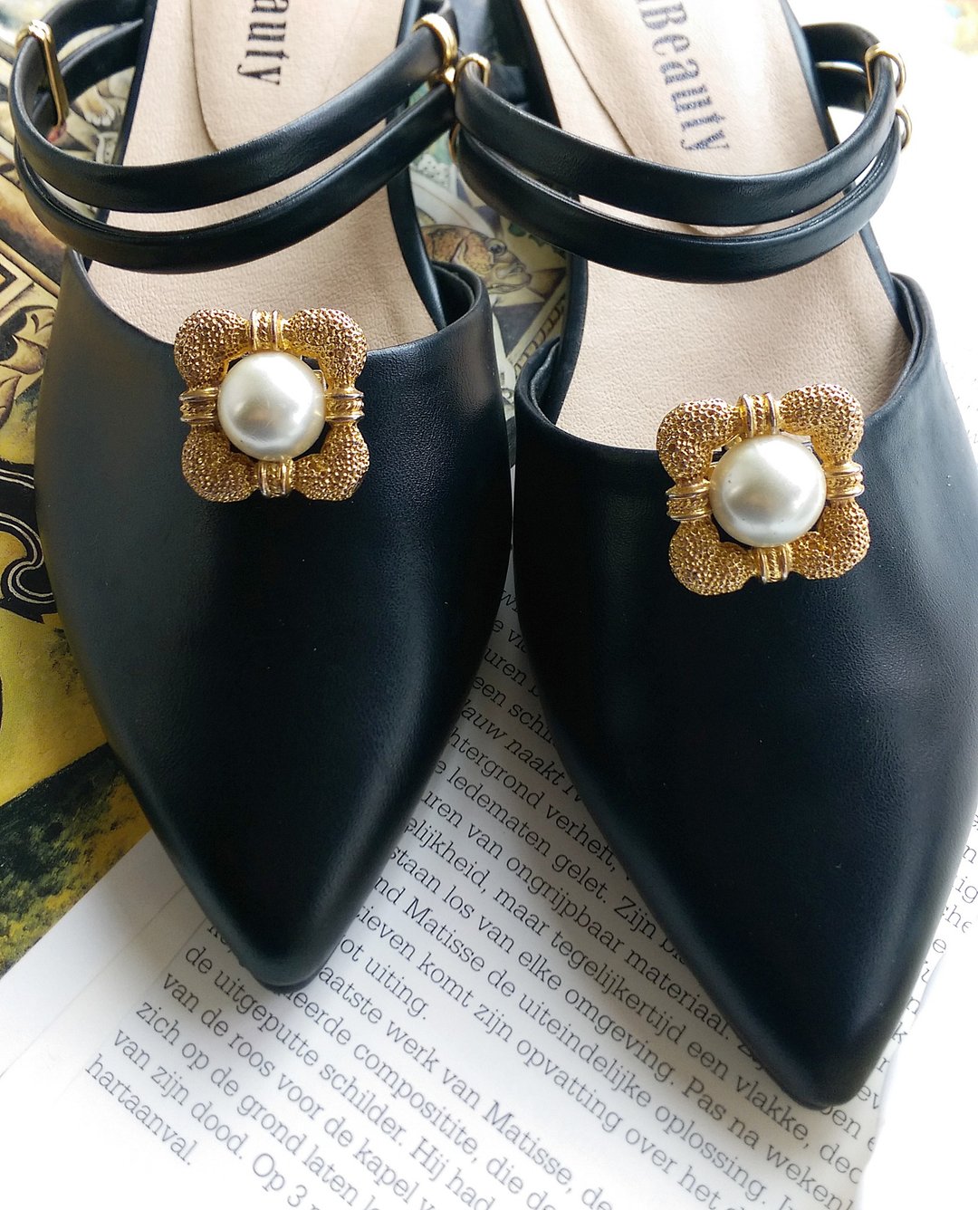 【西洋古董饰品 】S.G D'OR 金色调 金方框仿珠 鞋夹 shoe clips - 其他 - 其他金属 金色