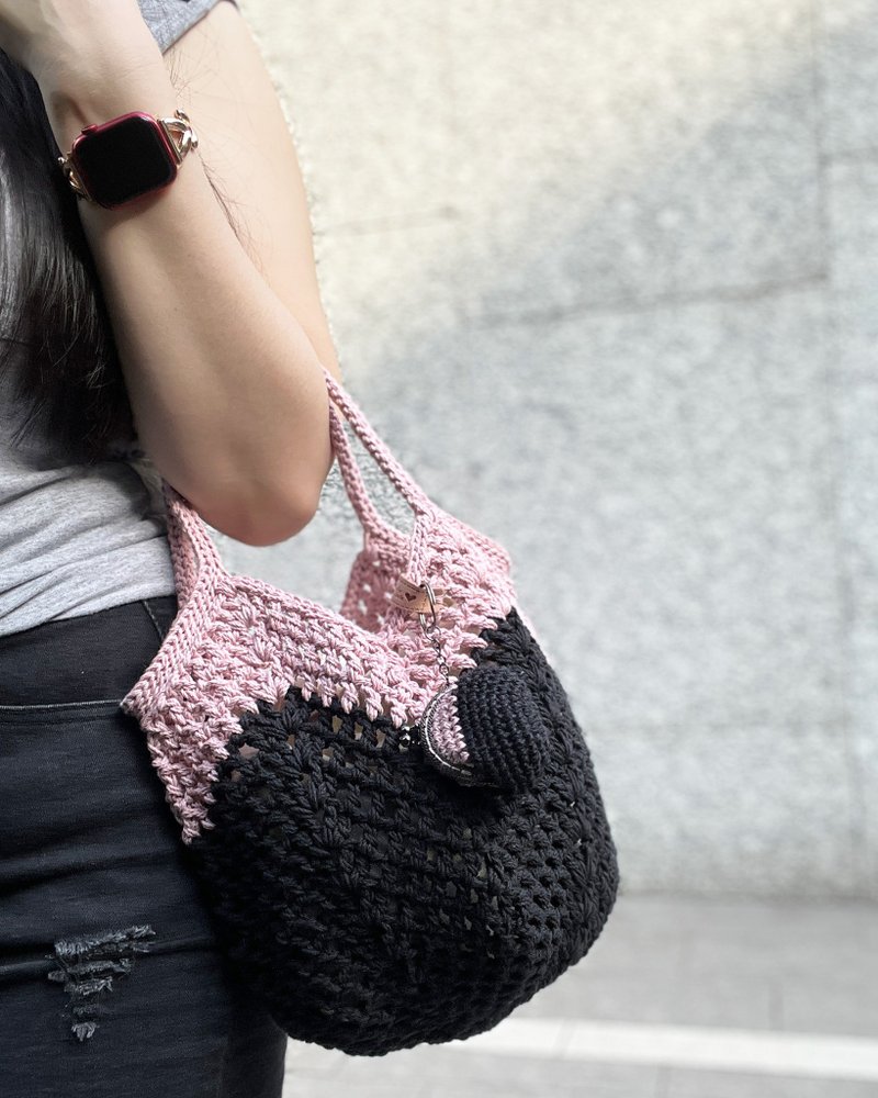 【棉织胖胖包】粉影黑Blackpink・手提/肩背/子母包/手工编织包 - 手提包/手提袋 - 棉．麻 