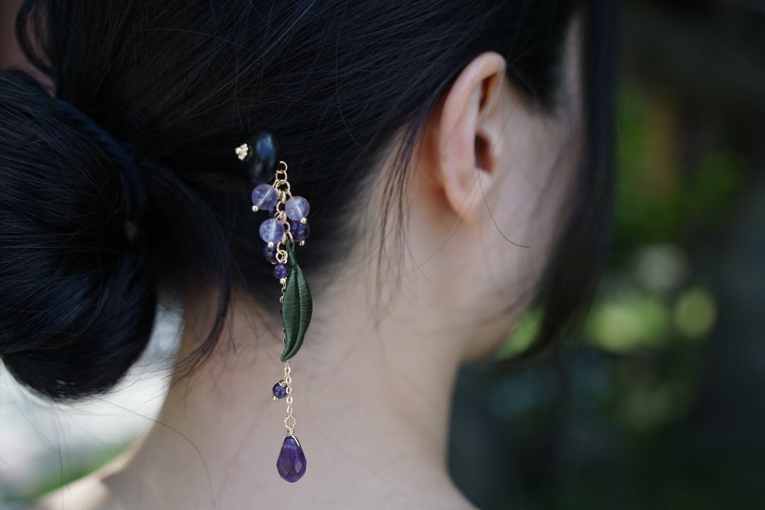 【香风美人】天然石 春仔花 缠花 发簪 | 紫水晶 檀木 - 发饰 - 绣线 紫色