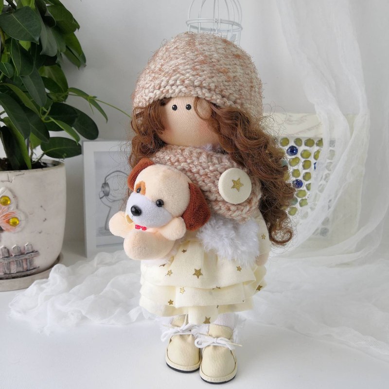 Handmade doll with a dog. Rag doll. Textile doll. Tilda doll. Interior doll. - 玩偶/公仔 - 棉．麻 
