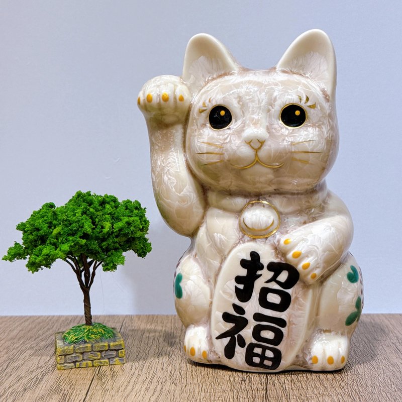 【花映吉祥】日本清水烧招财猫 | 花结晶 杏 休花 招福 右 - 摆饰 - 瓷 卡其色