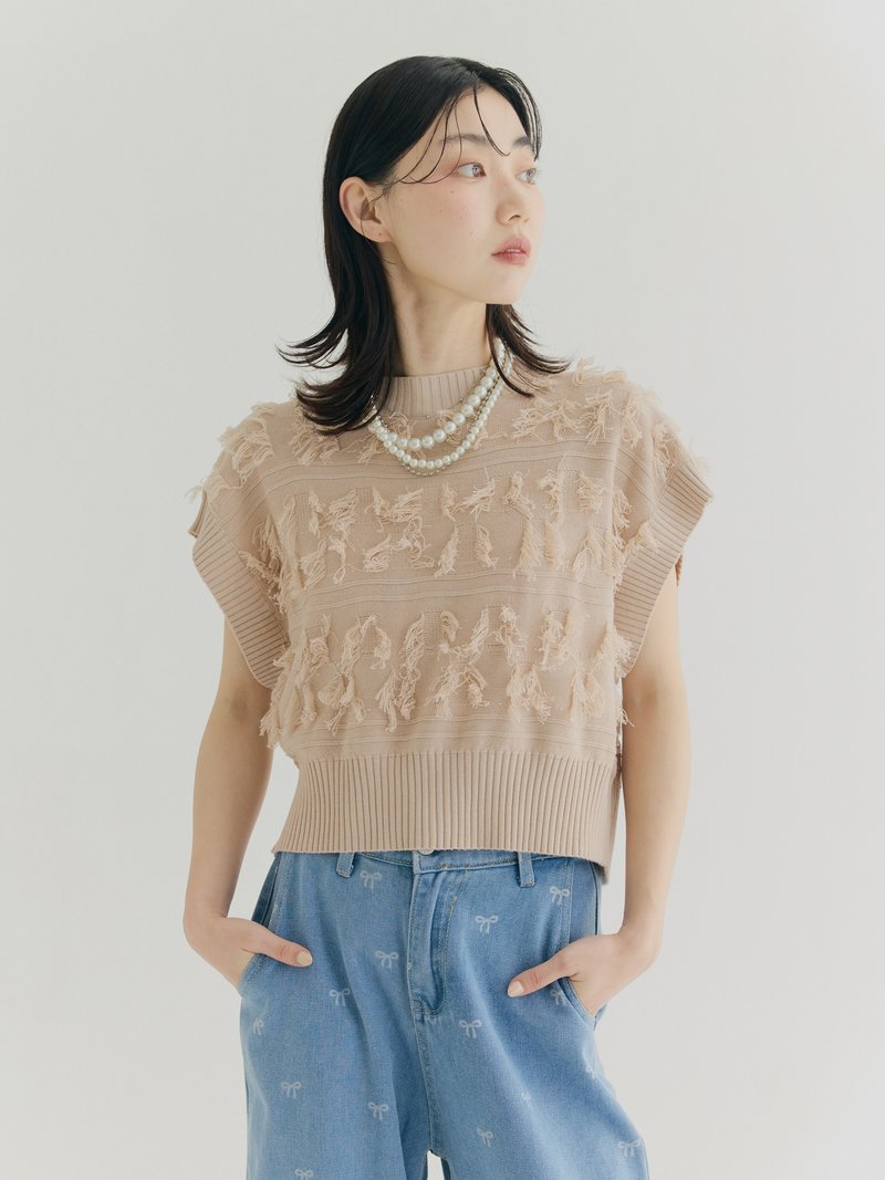 SEQUI HIBI 须边感罗纹绑带针织背心－浅粉色 - 女装背心 - 聚酯纤维 粉红色