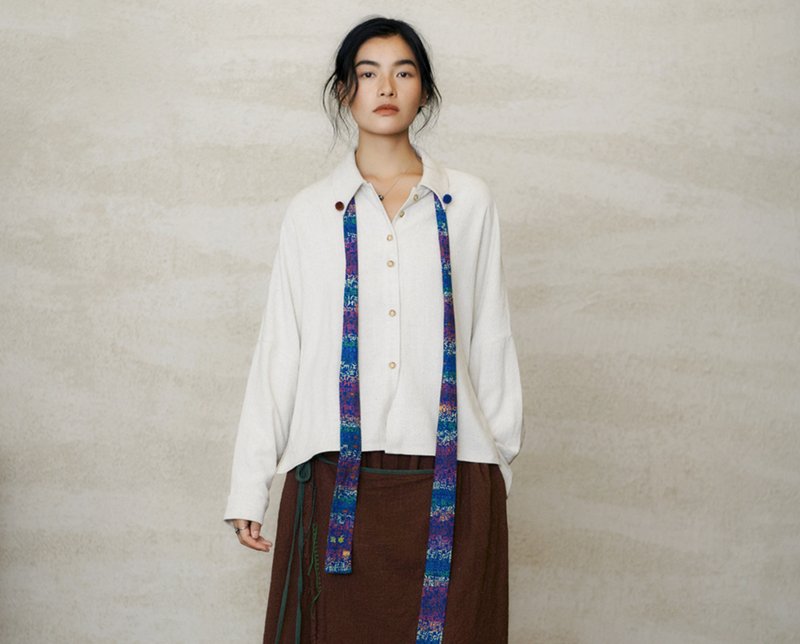 【诗意与远方】新中式复古藏风 飘带肌理/麻色上衣 - 女装上衣 - 棉．麻 白色