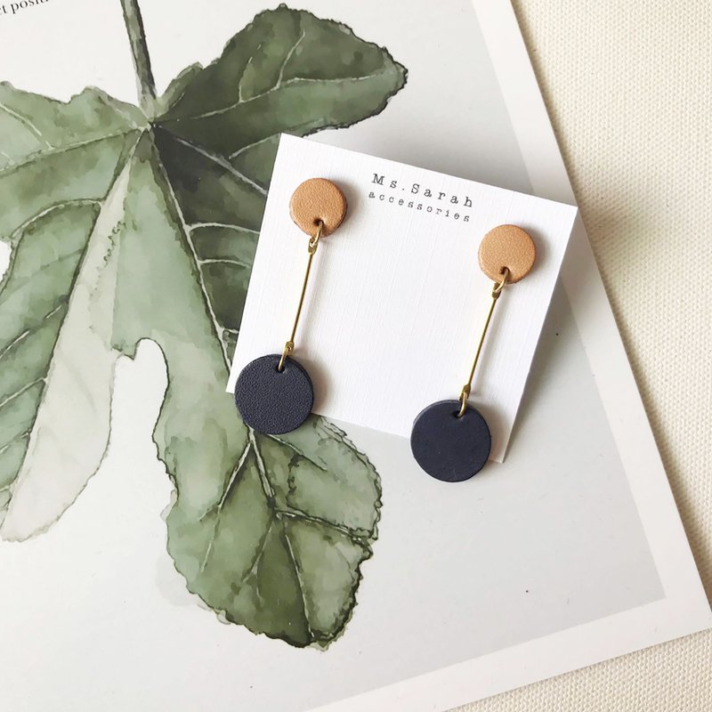 皮革耳环_垂坠圆_浅棕搭深蓝(可改夹) - 耳环/耳夹 - 真皮 蓝色