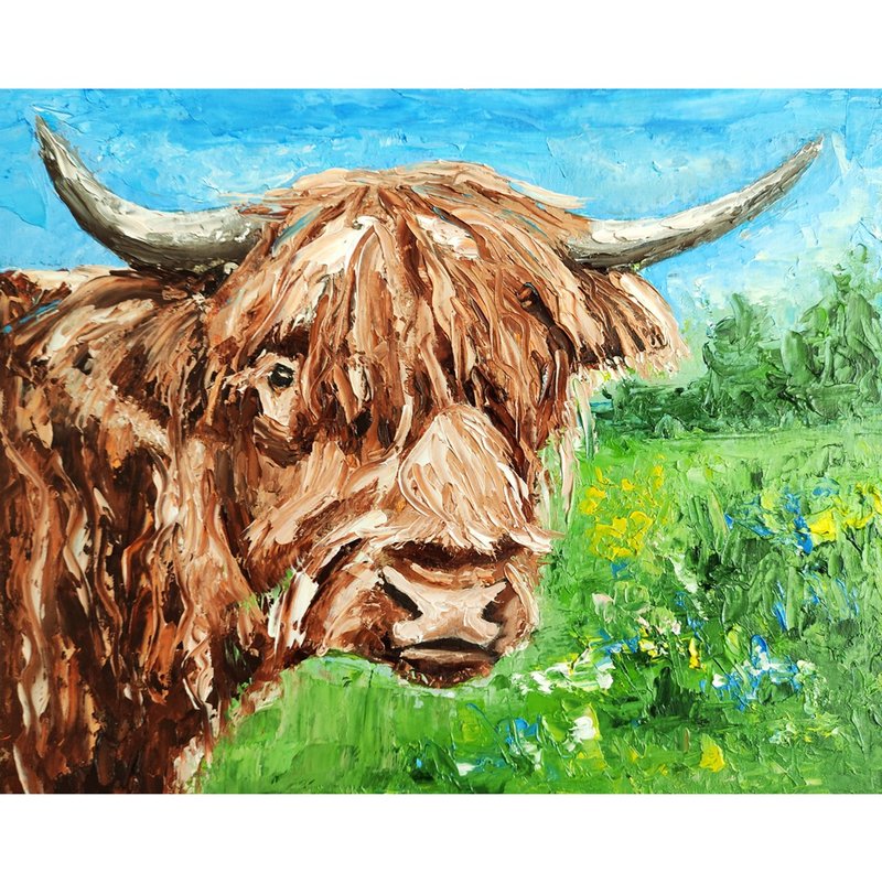 Highland Cow Original Painting Farm Animal Art Funny Portrait Wall Art - 海报/装饰画/版画 - 其他材质 多色