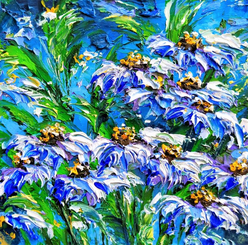 Daisy Painting Floral Original Art Miniature 15x15 cm/ 6x6 in. 用鮮花作畫, 手繪油畫, 手工禮物 - 海报/装饰画/版画 - 其他材质 多色