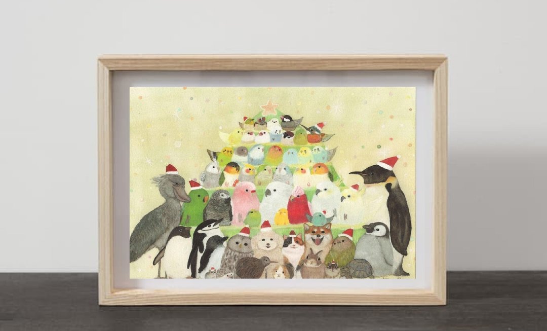A4 鸟与圣诞树 猫 狗 动物 圣诞节 圣诞树 虎皮鹦鹉 麻雀 小鸟雀野鸟 - 海报/装饰画/版画 - 纸 绿色