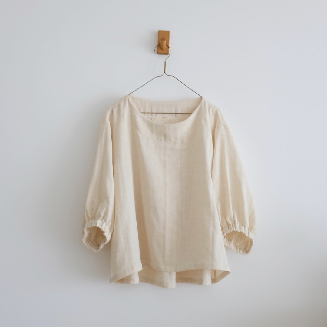 日常手作服 原色米六分蓬袖宽罩衫 二重棉纱 - 女装上衣 - 棉 白色
