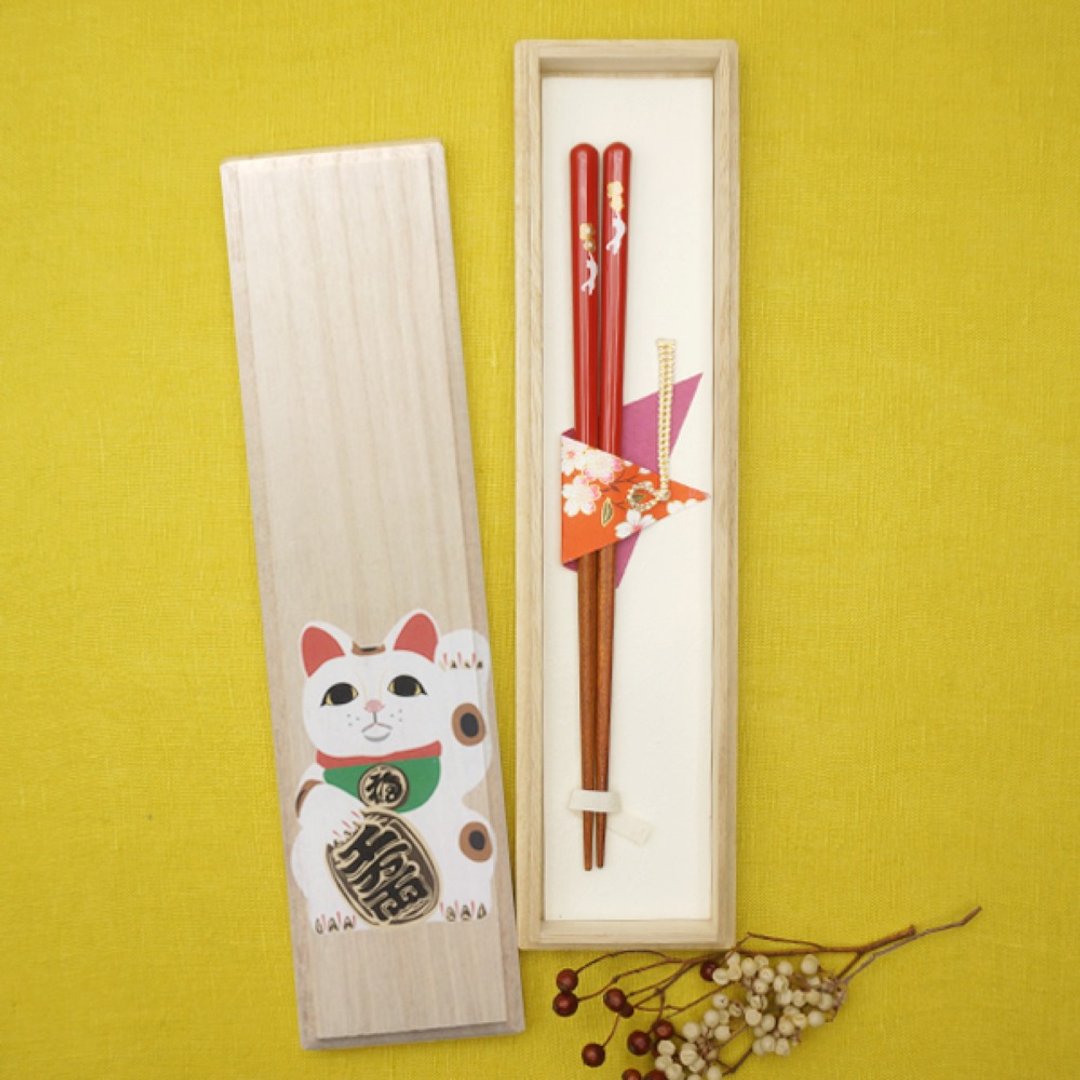 Hyosaemon 筷子礼品套装，招财猫，可用洗碗机清洗筷子，猫，中型 21.5 厘米 - 筷子/筷架 - 木头 
