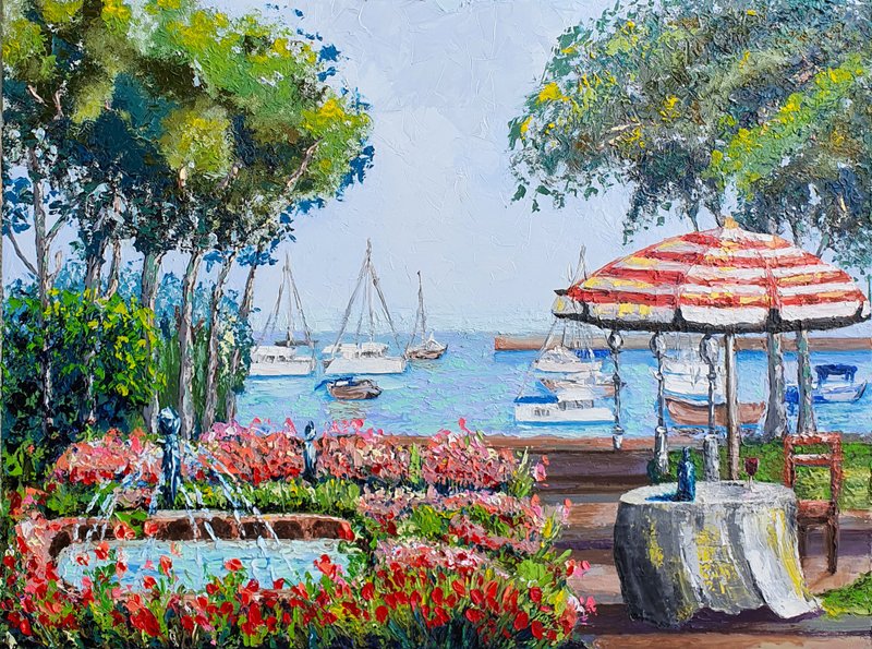 Pattaya Painting Sailboats Seascape Original Art Gulf of Thailand Wall Art Boat - 海报/装饰画/版画 - 其他材质 多色