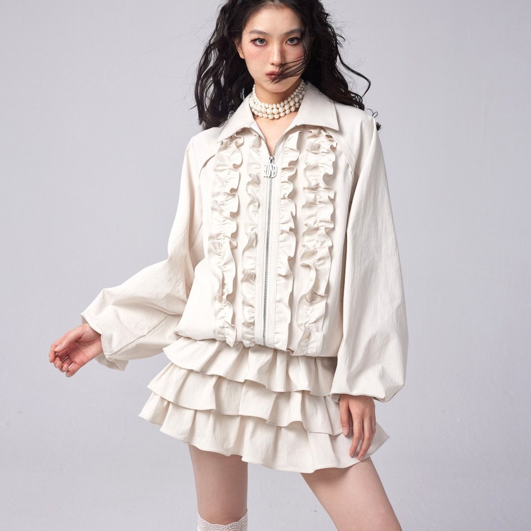 【春季摩登感】限定荷葉邊防曬外套 - 女装上衣 - 其他材质 白色