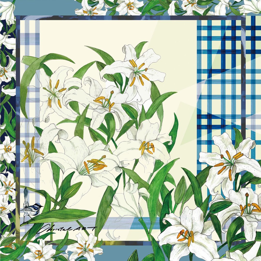 水彩百合与蓝白鹟纯棉手帕 50cm 日本 Christal ART - 手帕/方巾 - 棉 绿色