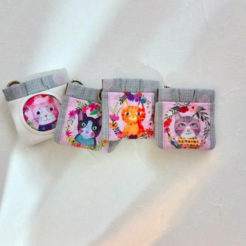 现货!【KGO/弹片口金包】花丛猫咪 灰猫 橘猫 黑白猫 日本先染布 - 零钱包 - 棉．麻 粉红色