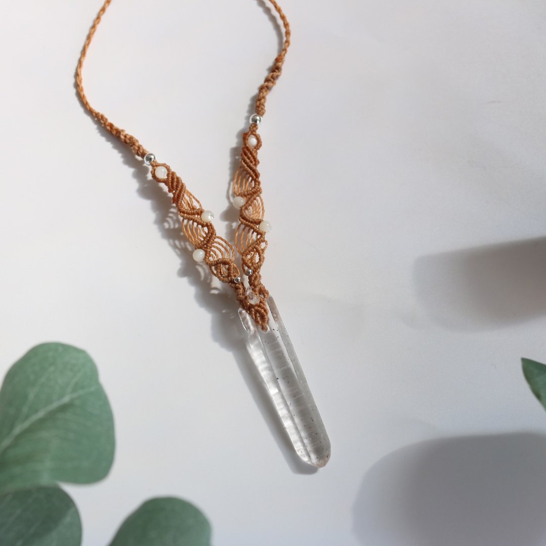天然石白水晶大地色蜡线编织项链 - 项链 - 水晶 咖啡色