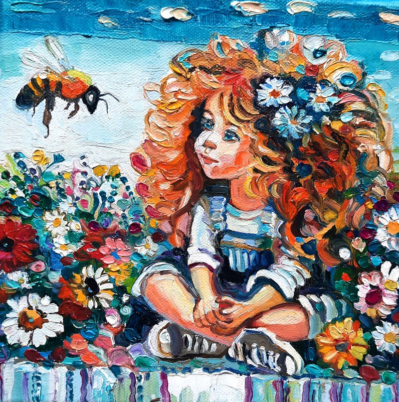 女孩与蜜蜂绘画原创艺术小型厚涂油画布面 - 墙贴/壁贴 - 其他材质 蓝色