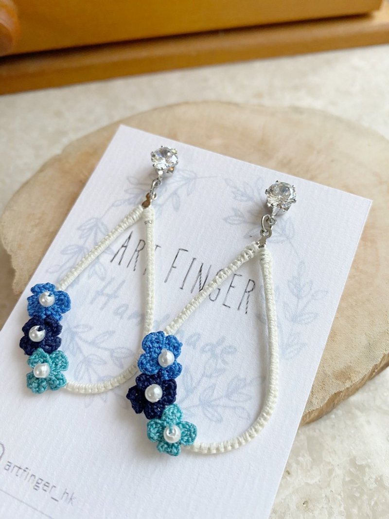 手工编织小蓝花耳环 水滴 花系 钩花 耳环 耳针 耳夹 - 耳环/耳夹 - 绣线 蓝色