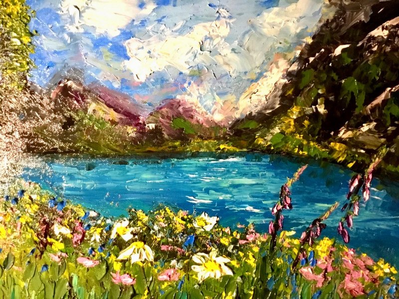 宁静的山脉风景，画布板上的原创纹理油画 - 墙贴/壁贴 - 其他材质 蓝色