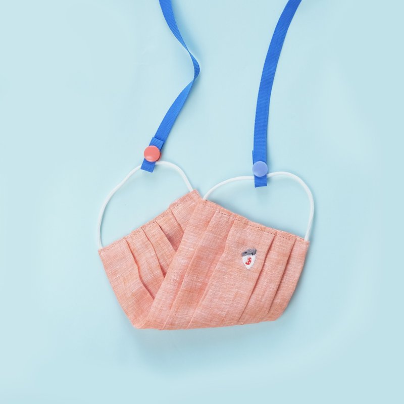 Light Orange Linen Mask with Strap - Hand Embroidered Shark - 口罩 - 棉．麻 橘色
