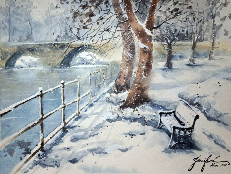 河畔雪景手绘水彩画(含画框) - 海报/装饰画/版画 - 纸 