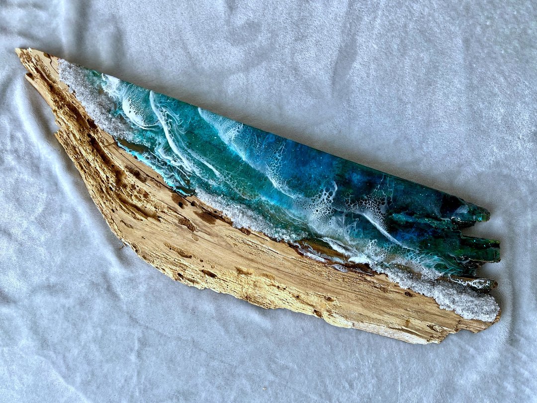 Live edge ocean wall art, 掛畫 ocean wall board, 藍染 resin sea wood slab 客廳 掛畫 - 墙贴/壁贴 - 树脂 蓝色