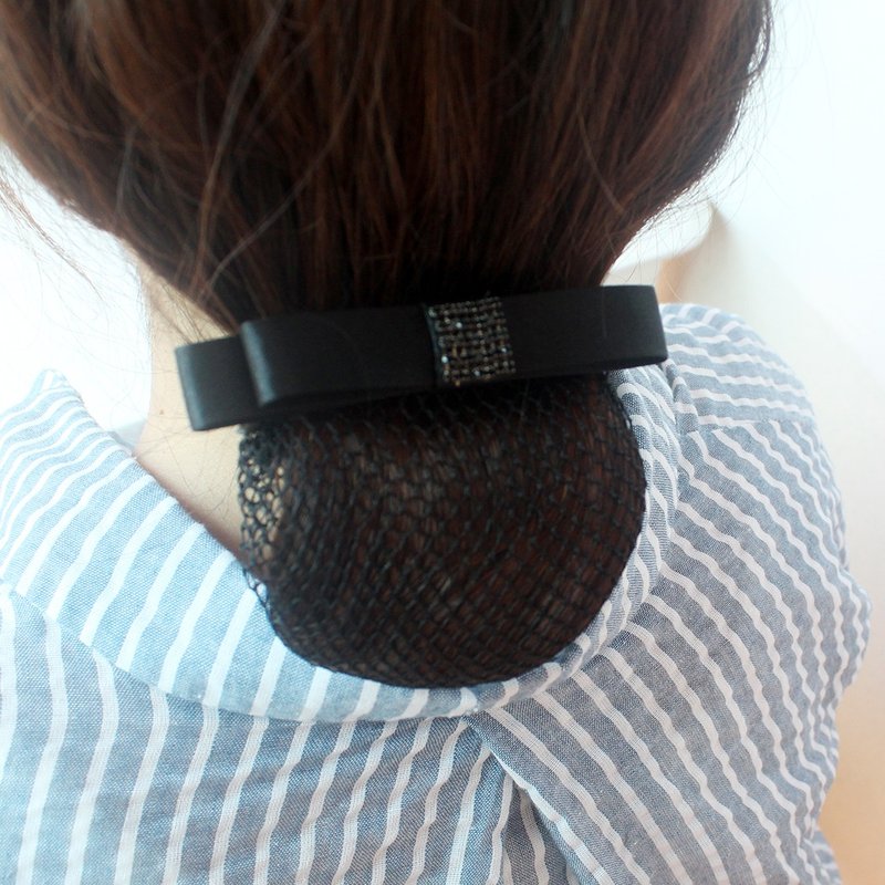 Black Fabric Ribbon Bow black Crystal Rhinestone Hair Bun Net  Cover Barrette - 发饰 - 其他材质 黑色