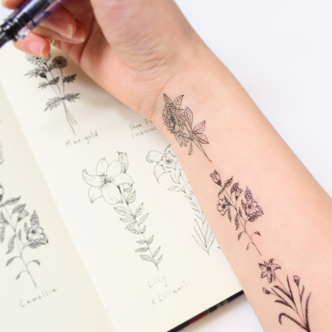 牡丹花 黑白线条 刺青 纹身贴纸 - 纹身贴 - 纸 黑色
