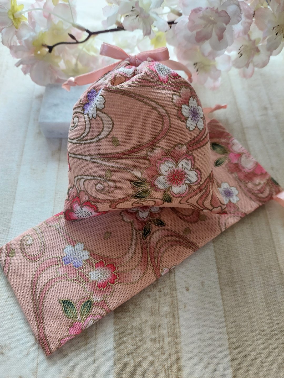 拢云阁-橘底樱花纹 手工簪袋收纳袋 - 发饰 - 棉 
