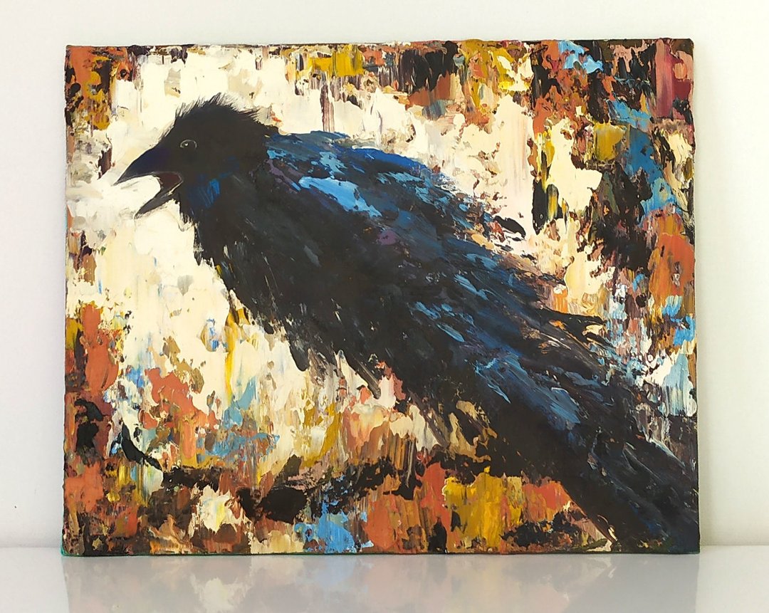 乌鸦厚涂油画面板动物艺术雀画黑乌鸦迷你艺术 - 海报/装饰画/版画 - 其他材质 