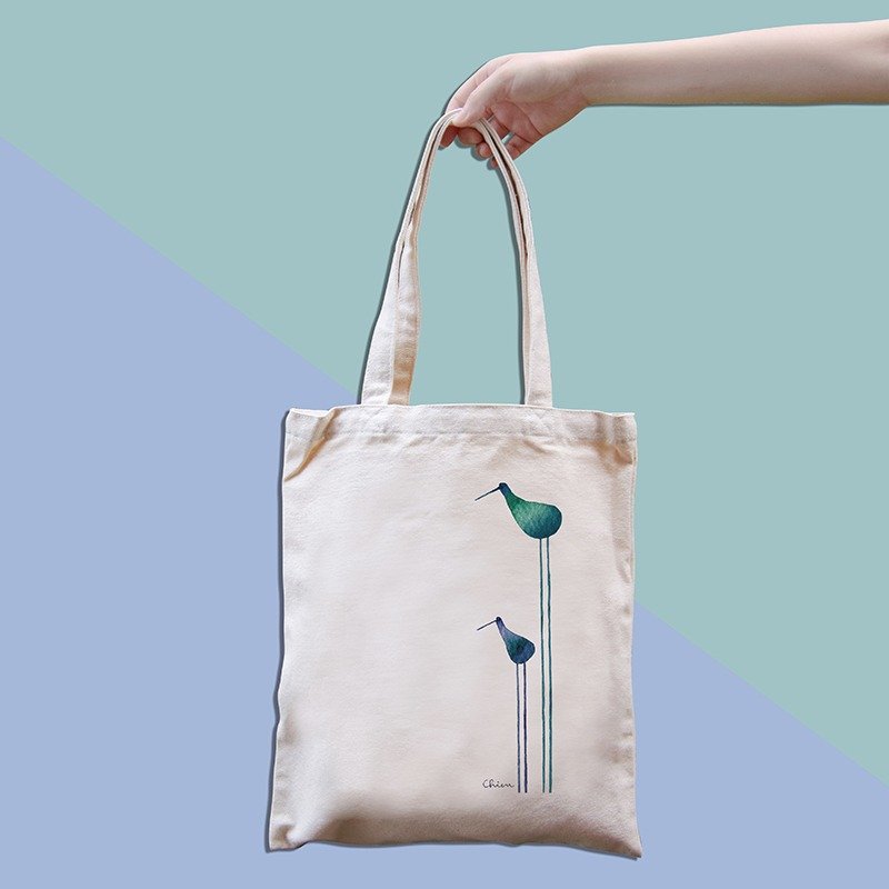 直式帆布袋│心情小鸟│Chien│蓝绿色 - 手提包/手提袋 - 棉．麻 绿色