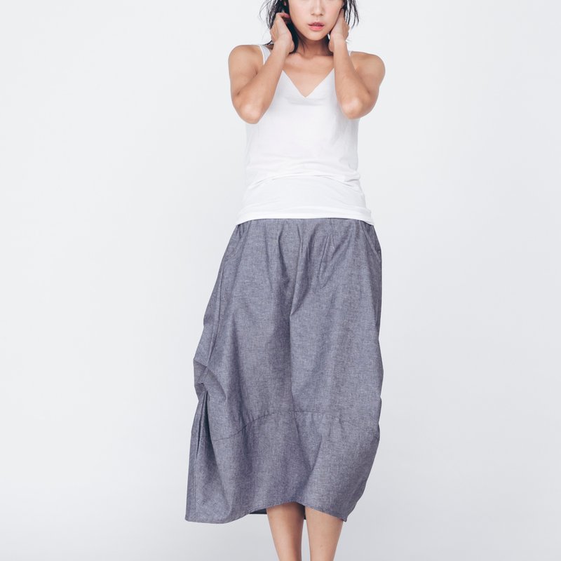 棉麻圆裙 - 蓝白 - 长裙 - 裙子 - 棉．麻 蓝色