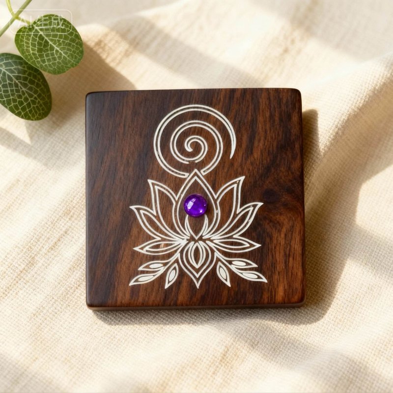 水晶莲花能量木盘  手工描白雷射雕刻原木摆饰・净化充能托盘 - 摆饰 - 木头 咖啡色