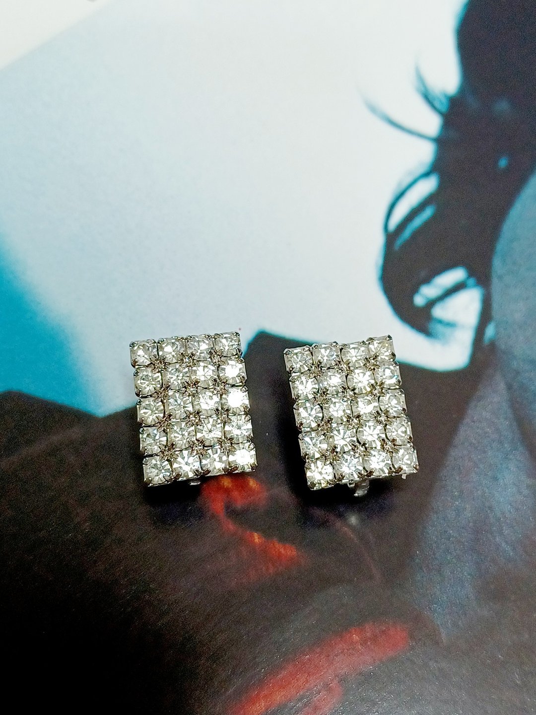 vintage jewelry  古典方形莱茵钻 夹式耳环 - 耳环/耳夹 - 其他金属 