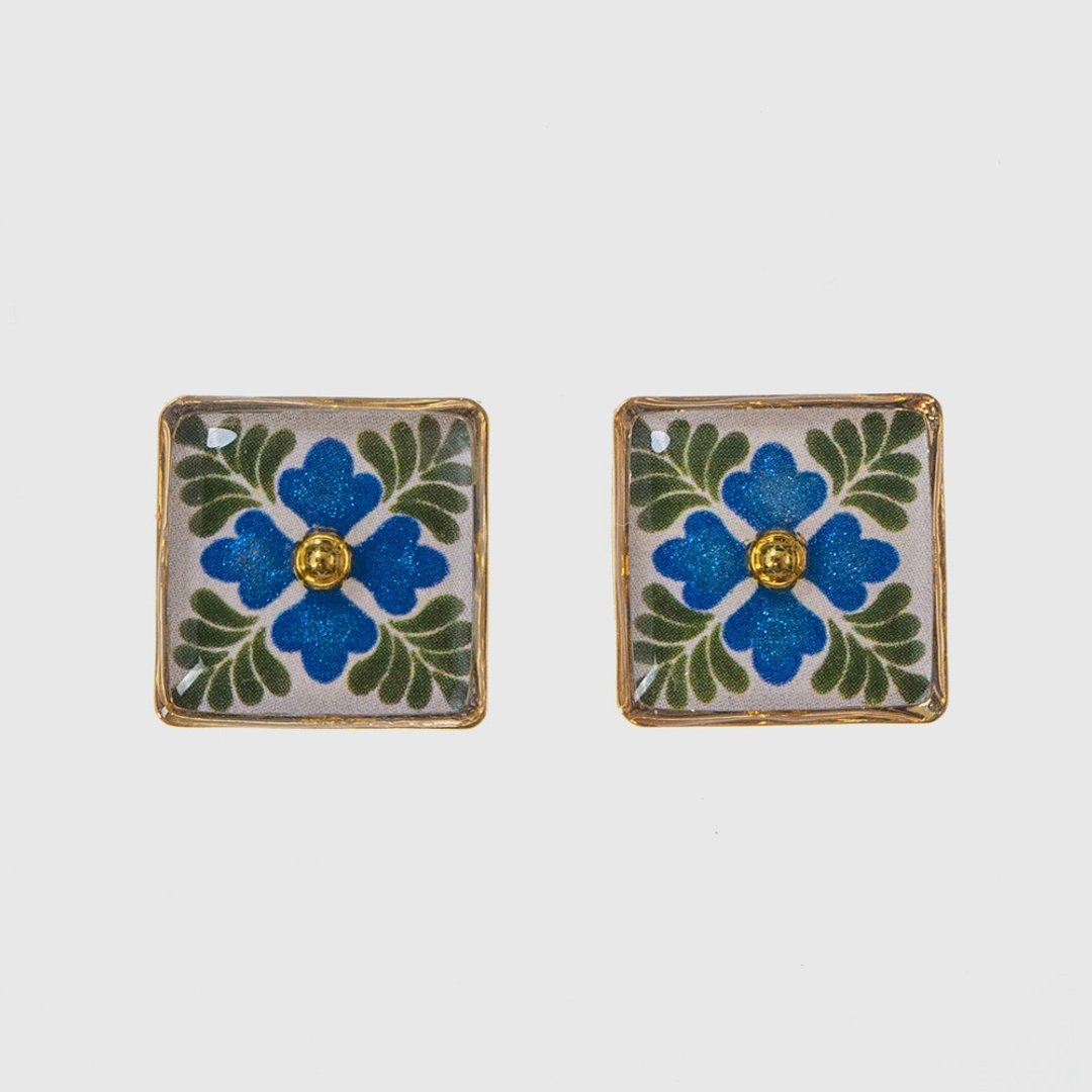 耳环 | Floral Tile 复古植花砖 - 蓝 - 耳环/耳夹 - 树脂 蓝色