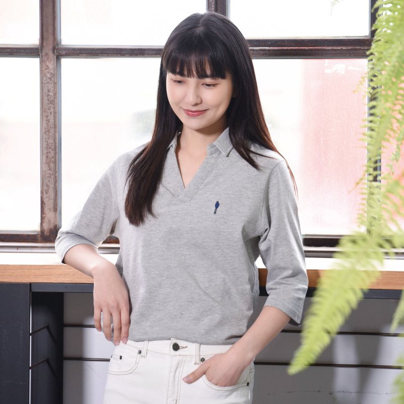 Lady Polo 云雾灰∣气质V领7分袖。海军蓝蓝鹊电绣。4色细纤纯棉 - 女装上衣 - 棉．麻 