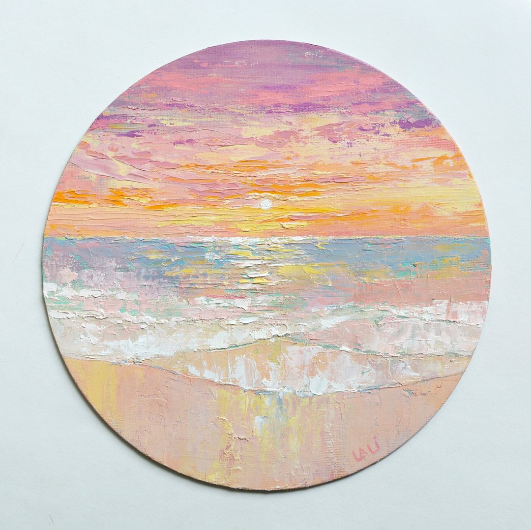 原创油画 海洋画 海边画 海景艺术 海洋 24x24cm - 插画/绘画/写字 - 其他材质 粉红色