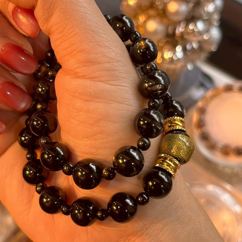 定制化水晶矿石手链   护运聚财黑金双圈水晶手链 - 手链/手环 - 水晶 