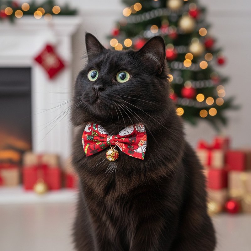圣诞趴踢款 蝴蝶结宠物装饰项圈 猫咪 小型犬 迷你犬 - 项圈/牵绳 - 棉．麻 红色