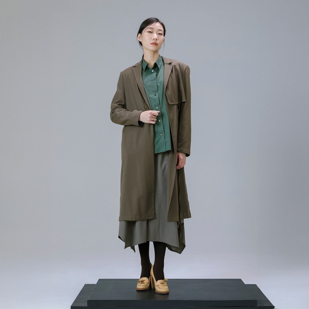 单侧绑带长大衣 - 女装休闲/机能外套 - 聚酯纤维 咖啡色