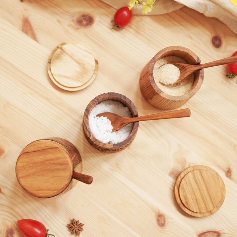 天然柚木调味罐-波点款│食用安心不上漆原木制 - 调味罐/酱料瓶 - 木头 咖啡色