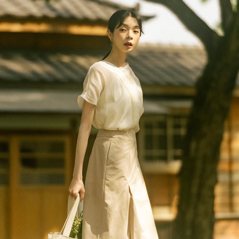 Qingjie_情节褶片长裙_25SF201_卡其 - 裙子 - 其他人造纤维 卡其色