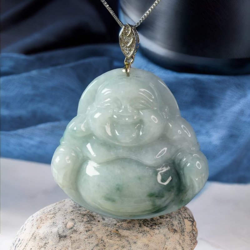 飘花翡翠弥勒佛项链 925纯银坠头 | 天然缅甸玉翡翠A货 | 送礼 - 项链 - 玉石 多色