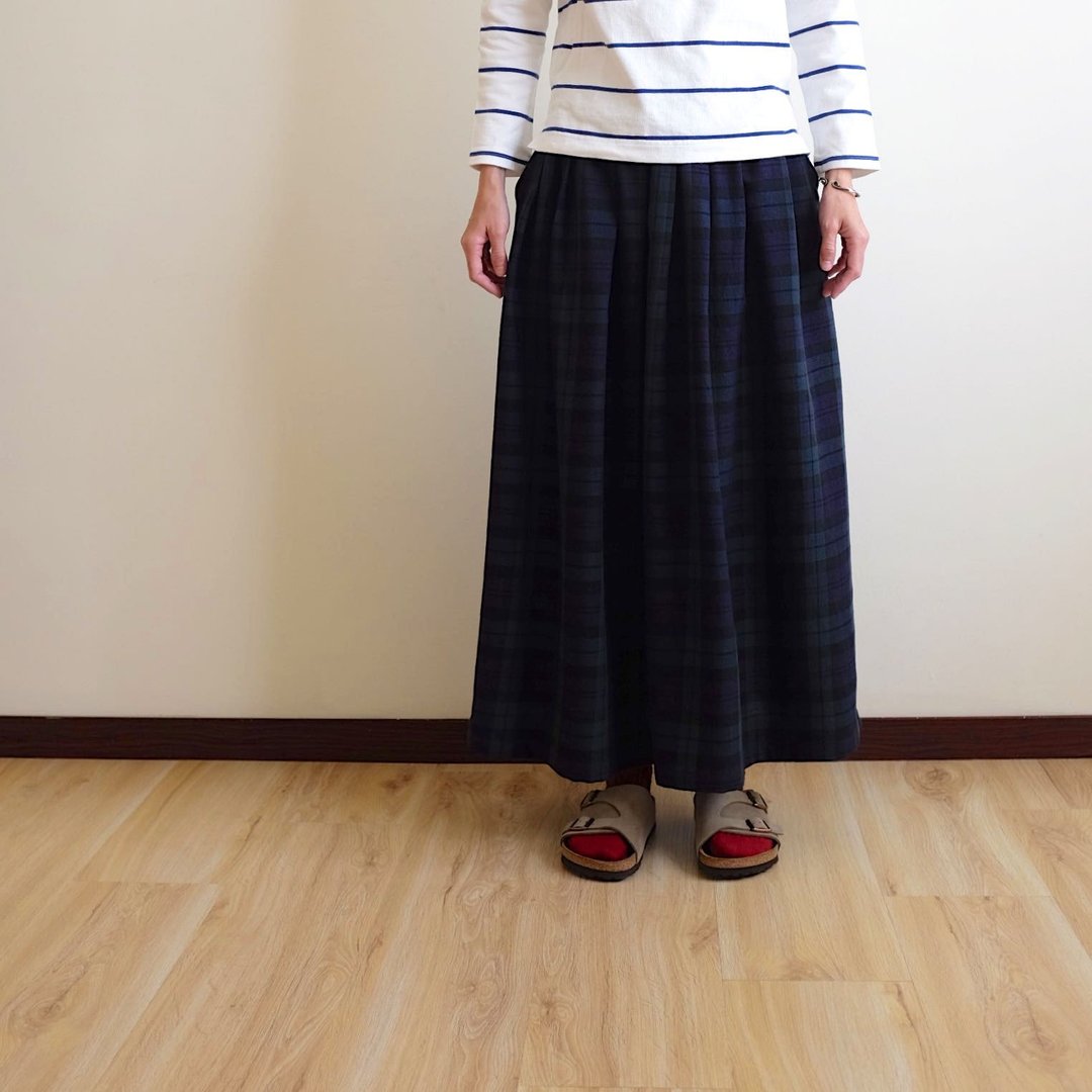 日常手作服  自然森林深绿格纹打褶长裙  轻羊毛棉 - 裙子 - 羊毛 绿色