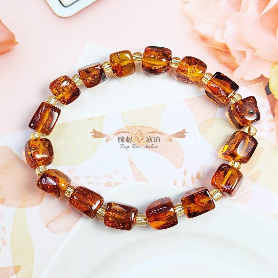 腾彪琥珀 天然琥珀蜜蜡 红花琥珀 入门小品 糖果形 单圈手链 - 手链/手环 - 宝石 橘色